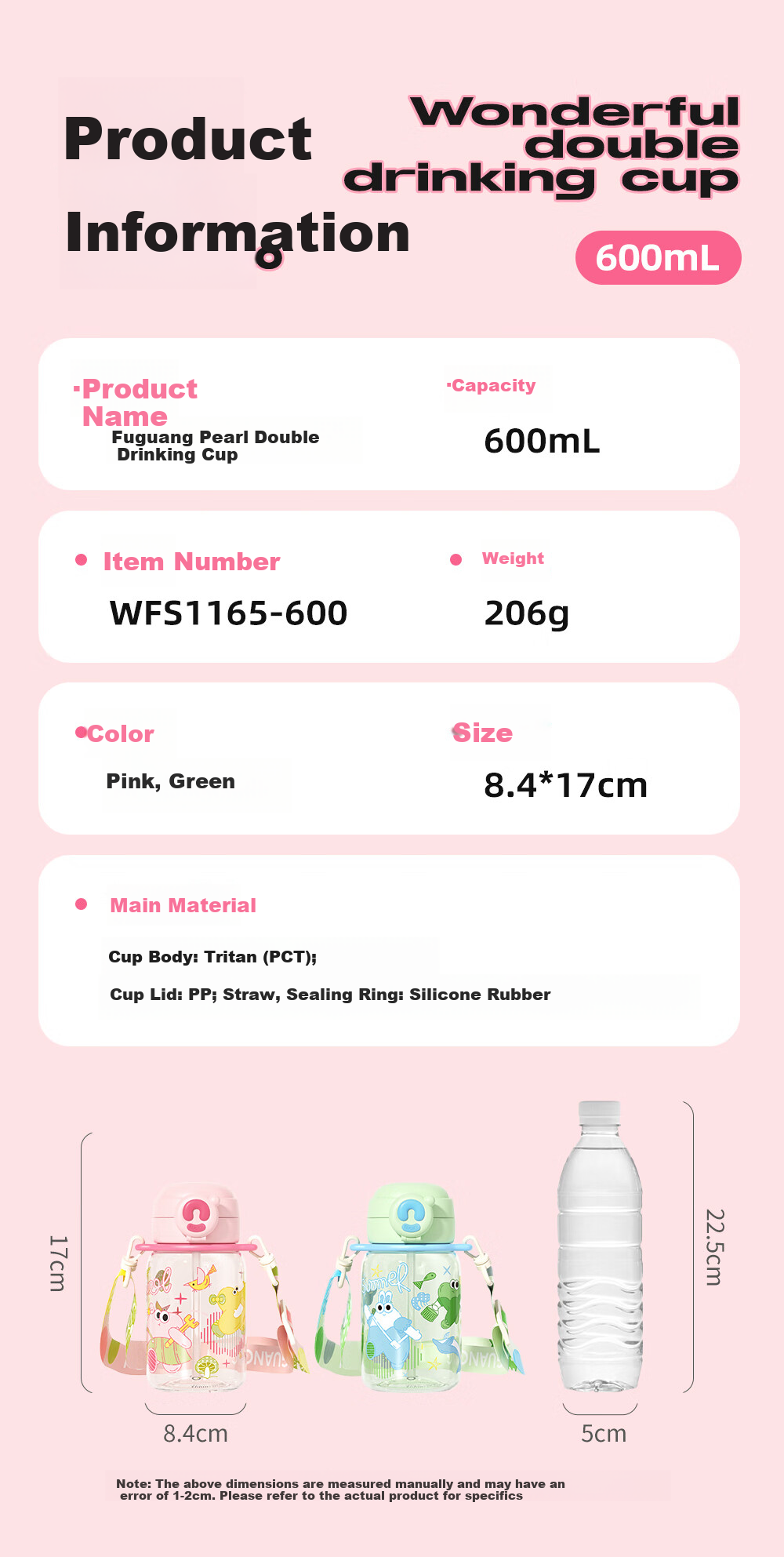 Fuguang Children's Water Bottle with Dual Drinking Straws, Stylish Tritan Plastic Cup for Female College Students, Large Capacity 600ml 12