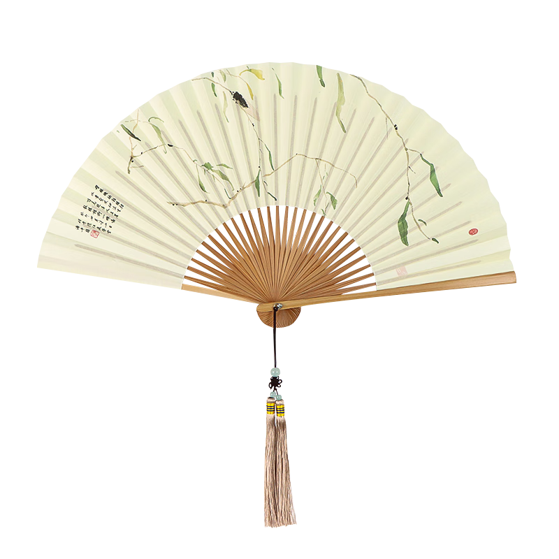 TaTanice 8-Inch 30-Rib Jade Bamboo Paper Folding Fan Chinese Style Classical Men Women Birthday Gift Willow Cicada