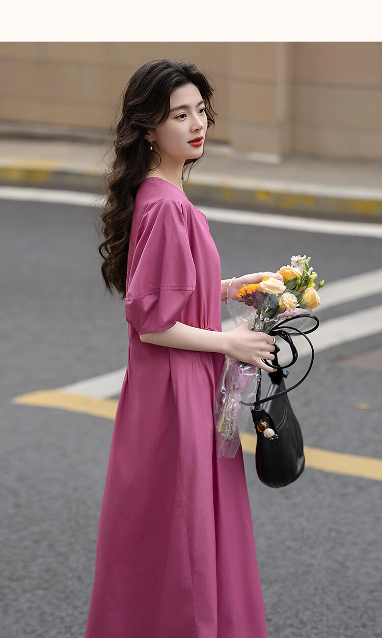 Demana 100% Cotton Summer Elegant V-Neck Elastic Waist Short Sleeve Mid-Length Slimming Women's Dress 17