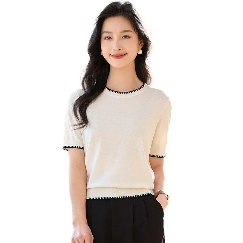 Chushen Summer Knitted Short-Sleeve T-Shirt for Women, Fashionable Round Neck Contrasting Color Design, Simple And Elegant Knitted Top Base Shirt S52T025