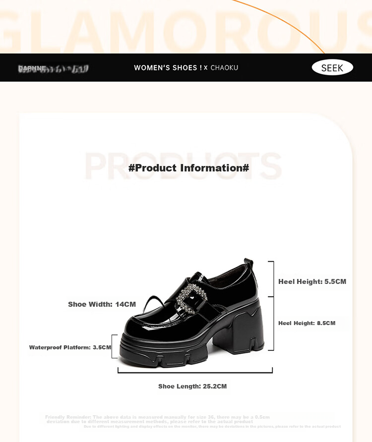 DAPHNE Thick-Soled Loafers for Women, Chunky Heel Deep-Mouth Leather Shoes, Fashionable Versatile High Heels, Women's Shoes, Single Shoes, Black, Size 34 2