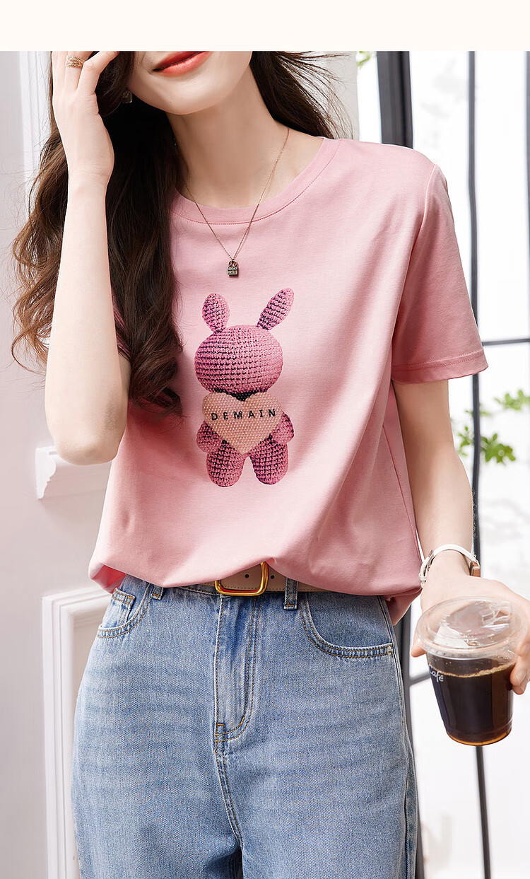 Dme [Fairy Tale Town], Xiayunduo Pure Cotton Rabbit Print, Rhinestone Short-Sleeve T-Shirt for Women, Comfortable And Flattering Women's Tee 14