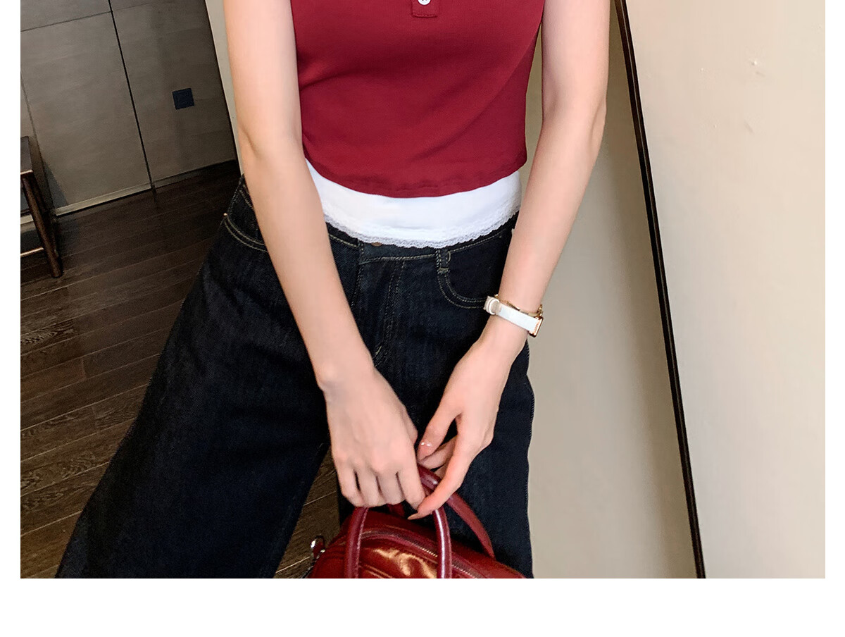 Halo Queen Women's Short-Sleeve T-Shirt, Round Neck, Red And White Contrasting Color Lace Splicing, Slim-Fit Embroidered Bow Waist-Cinching Slimming H52T076 17