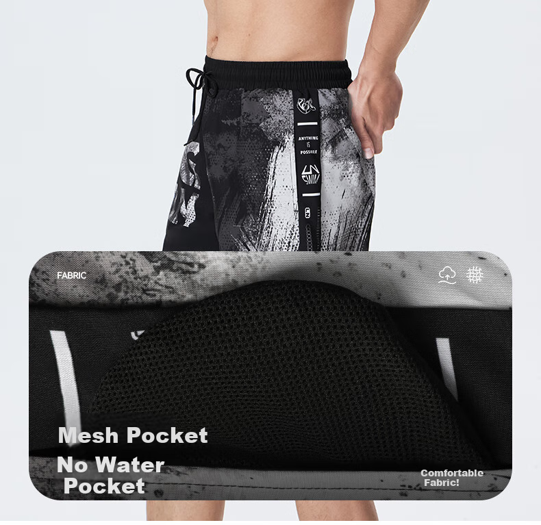 Li-Ning Men's Swim Shorts, Two-In Anti-Embarrassment Printed Five-Point Beach Shorts, Dual-Purpose Swim Trunks, Hot Spring Swimwear, 1101 Black L 7