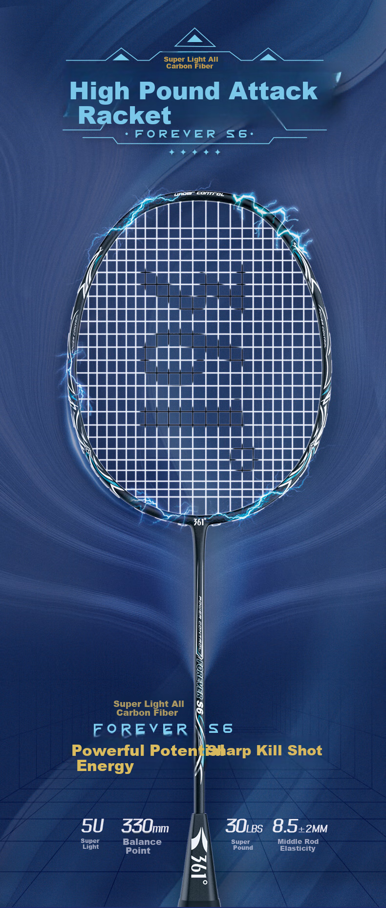 361° Ultra-Light 5U Full Carbon Badminton Racket, Yongheng S6 Single Racket, High-Power Offensive Type, Pre-Strung Finished Racket 1