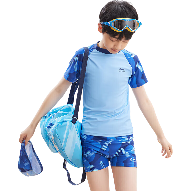 Li-Ning Children's Swimwear, Boys' Two-Piece Swimsuit for Older Kids, Youth Swimwear Set with Top And Bottom, Model 8673, Navy Blue, Size 170