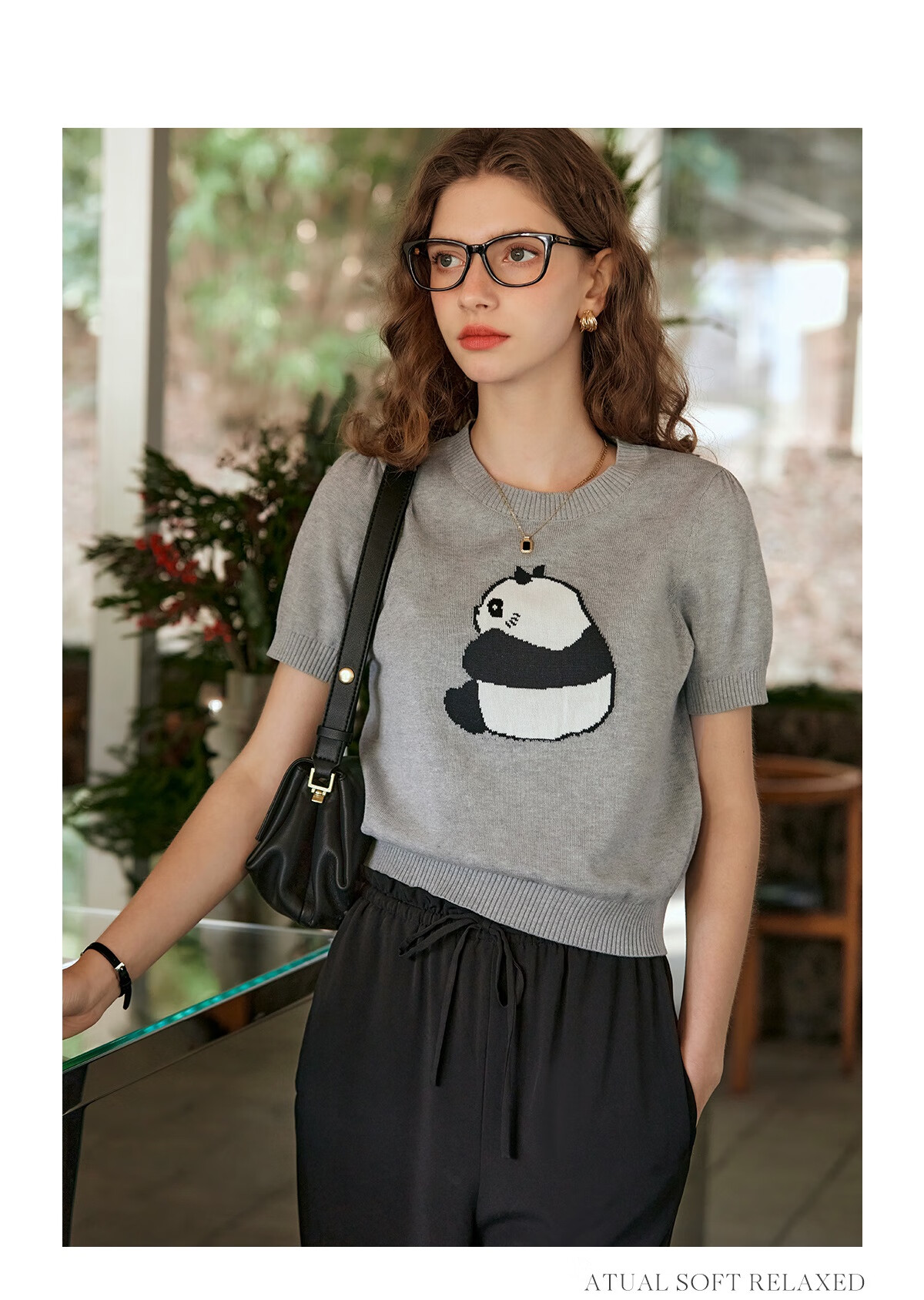 Oulain Elegant Short-Sleeve Knit Top for Women, Spring And Summer Fun Panda Pullover Sweater, Light Gray, L 25