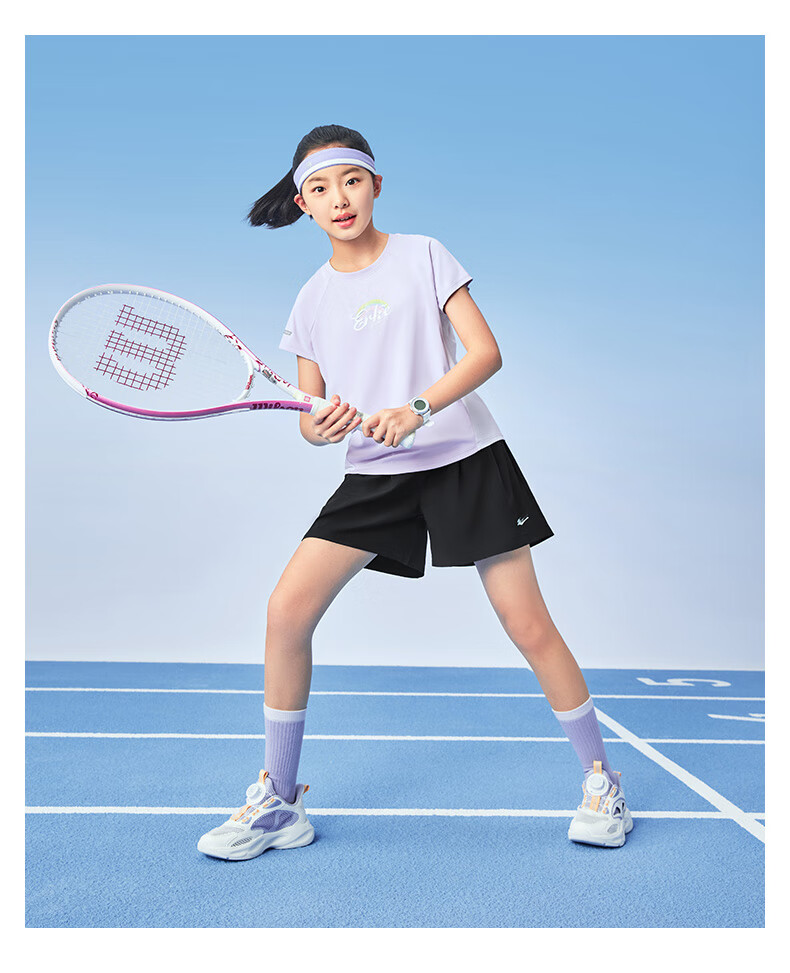 ERKE Kids Girls Sports Set Children's Casual Short Sleeve Set Pure White 120 15