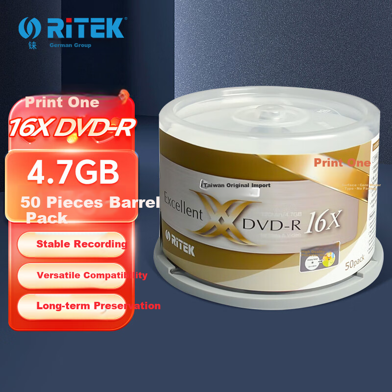 RITEk Taiwan-Made Printable DVD-R 16x Speed 4.7GB Blank Disc/recordable Disc/disk, 50 Pieces in A Barrel