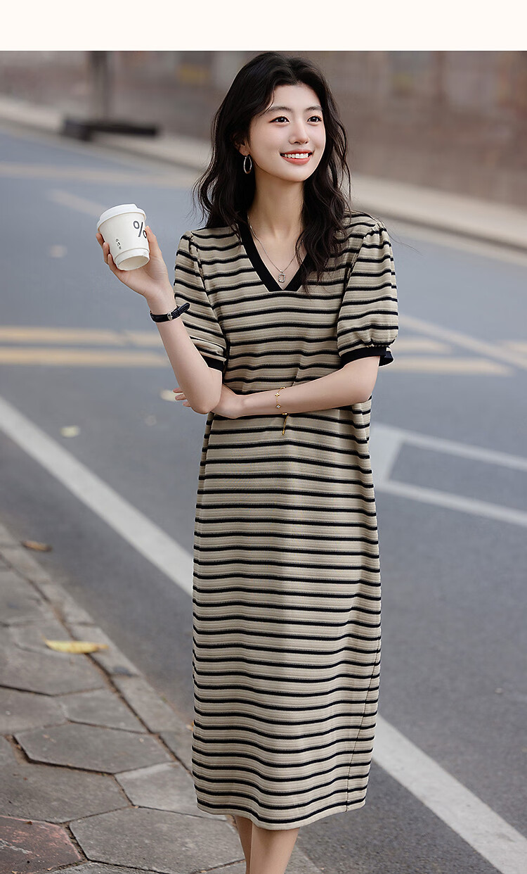 Demana Women's Summer V-Neck Striped Puff Sleeve Ribbed Splice Loose Knit Dress with Soft Cloud Cotton 15