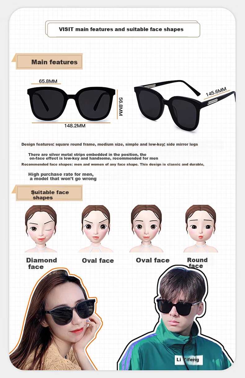 GOGOSOON Internet-Famous GM Sunglasses for Women, 2025 New High-End Square And Round Face Sunglasses, UV Protection, Suitable for Nearsighted Glasses, Men's Sunglasses 11