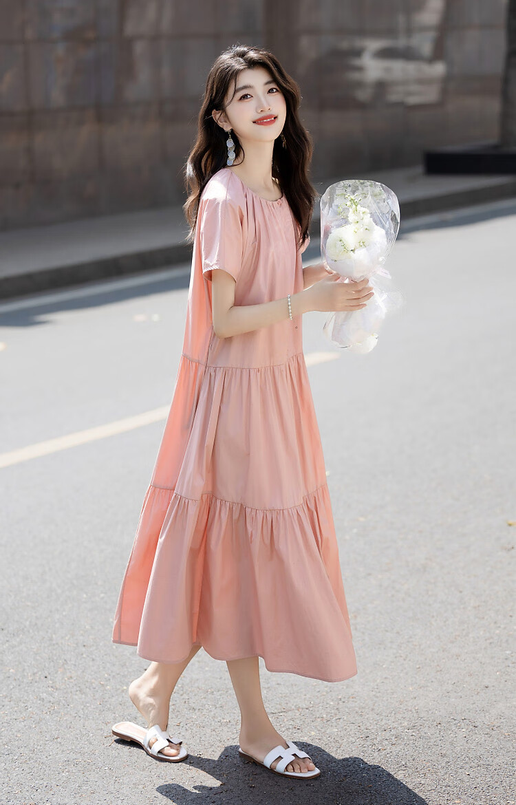 Demana Soft Mist Morandi Summer French Style Pure Cotton Round Neck Design Split Loose Waist Short Sleeve Women's Dress 14