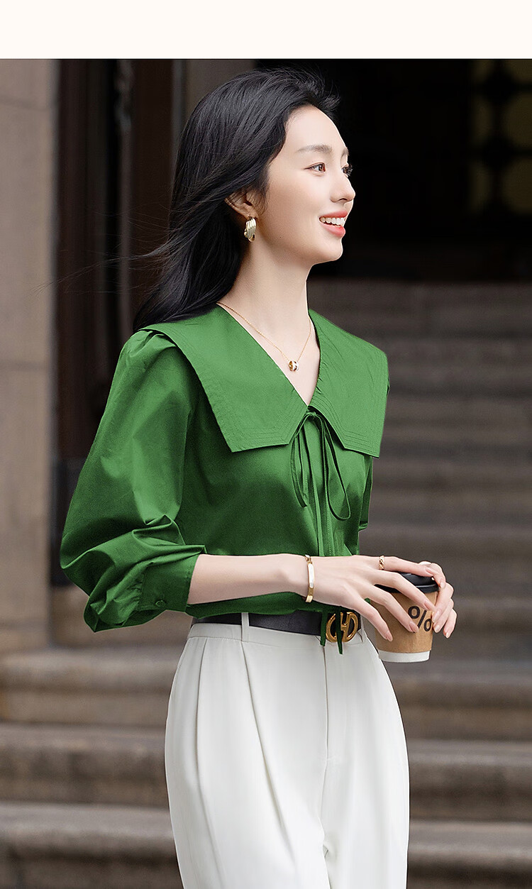 Dme [Will Breathe Cotton] Spring And Autumn Japanese Artistic Turndown Collar Tie-Up Shirt with Puff Sleeves, Concealing Body, Women's Blouse Top 17