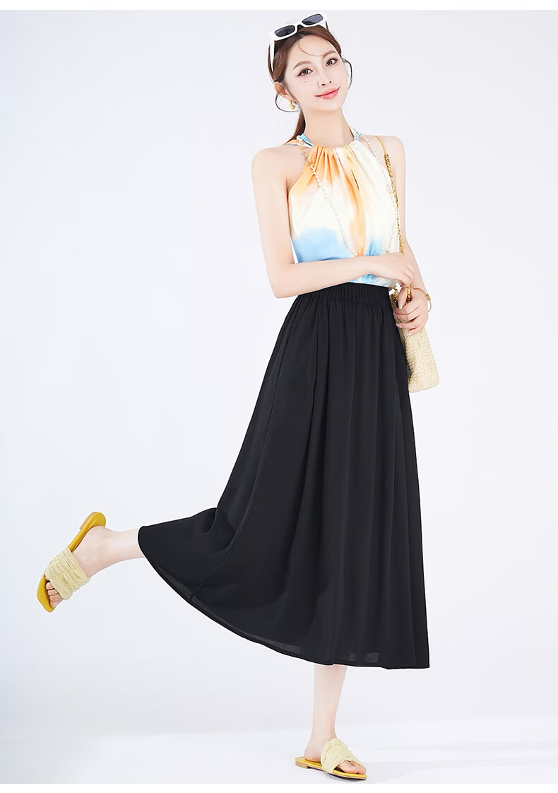 BOPRUIEY Ice Silk Midi Skirt for Women, Summer 2026 Latest Thin Elastic A-Line Draping Wide Hem Umbrella Skirt 20