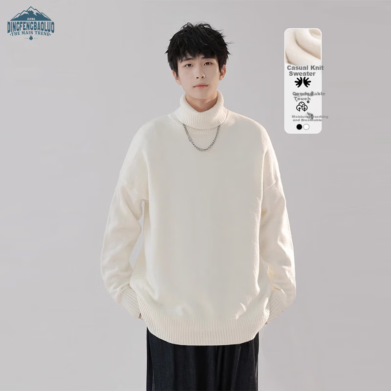 Dingfengbaoluo Turtleneck Sweater for Men, Autumn And Winter Lazy Style Knit Sweater, Loose-Fitting Warm Base Layer Top DFL55 Gray 2XL