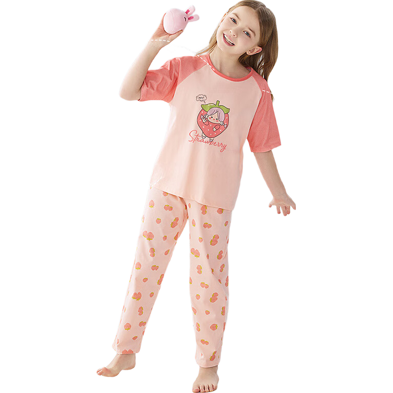 MiiOW Children's Pajamas [100% Cotton], Girls' Summer Thin Round Neck Pajamas, Baby Girl Wearable Loungewear Set