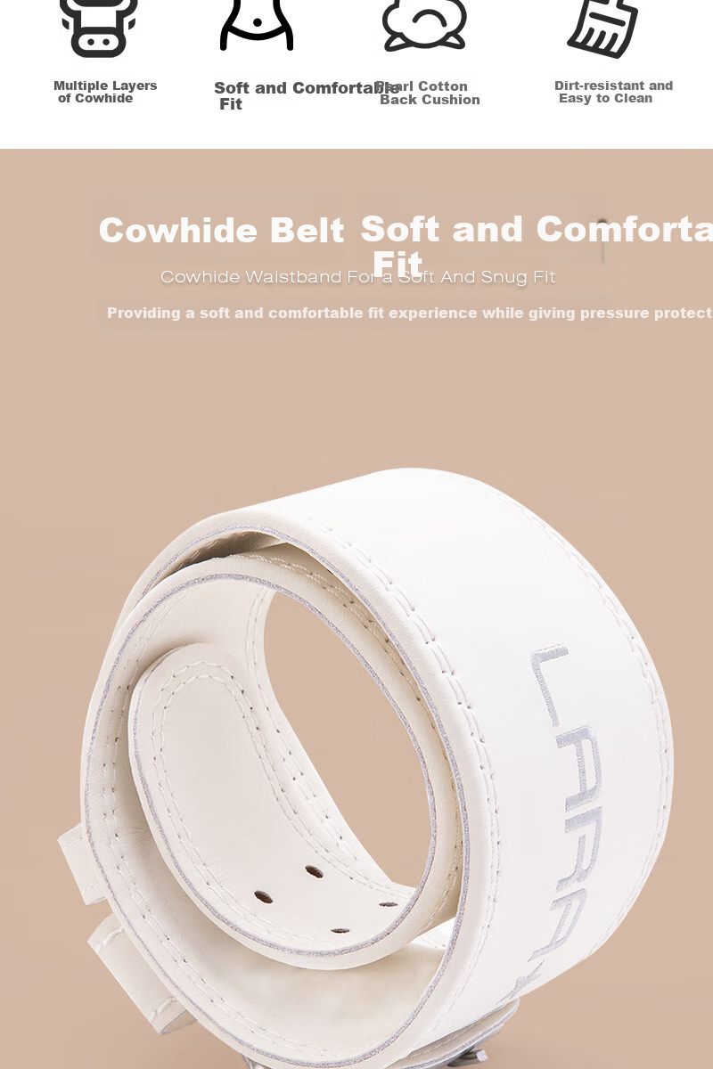 LARASTAR Women's Soft Cowhide Belt for Squats And Deadlifts, Professional Weightlifting Support Belt, Cowhide Sports Strength Belt, White, XS 2