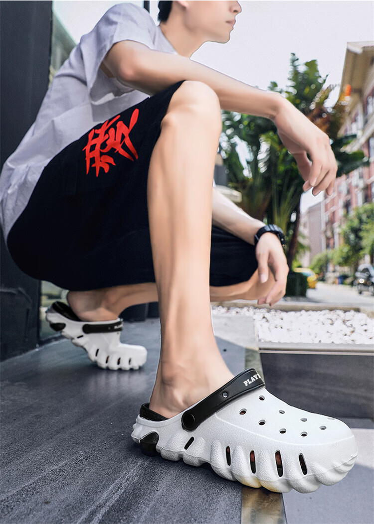 PLAYBOY Men's Sandals 2026 Summer Thick Sole Hollow Shoes Men's Simple Dual-use Slippers Men's Beach Shoes Black Size 43 6