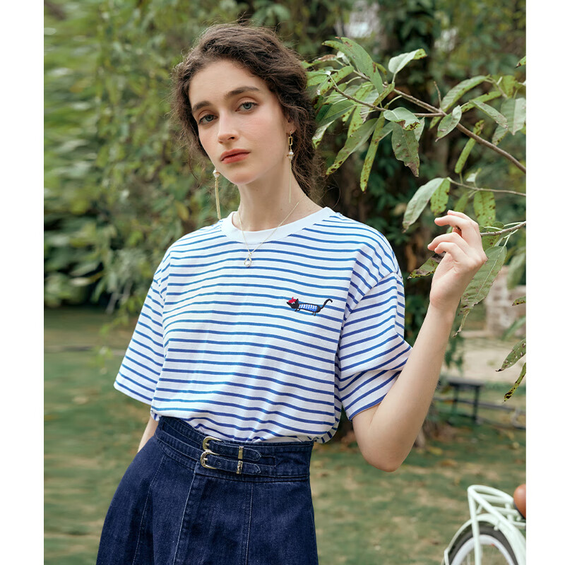 Olrain Blue and White Striped Short Sleeve T-Shirt Summer New Fashion Youthful Top Blue and White Stripes L