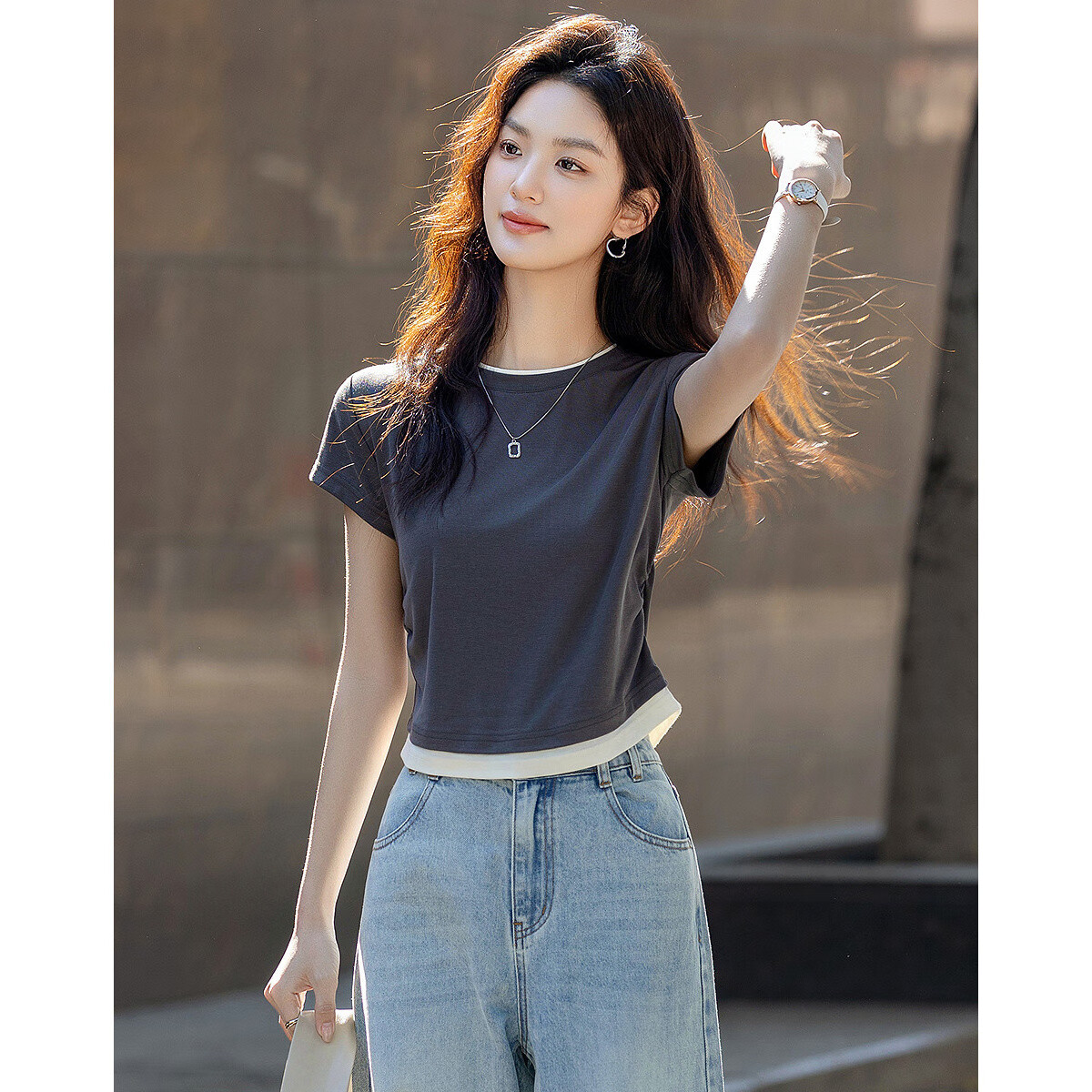 Demana [with Lyocell] Summer Elegant Colorblock Crew Neck Short Sleeve Slim Fit T-Shirt for Petite Women