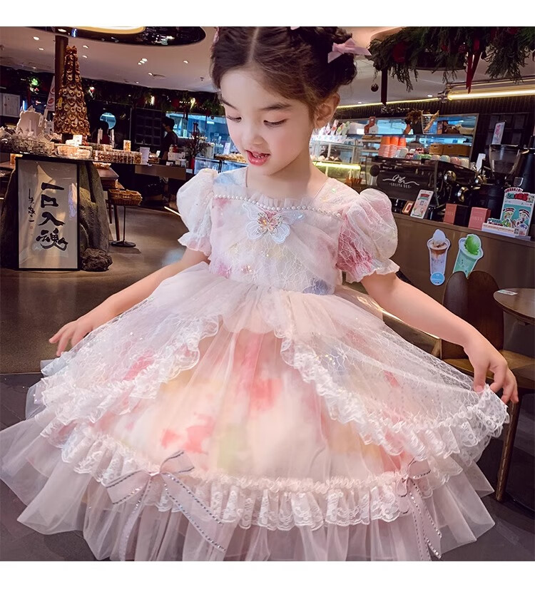 Anneyol Girls' Princess Dress Summer Outfit Stylish Children's Lolita Tulle Dress with Puff Sleeves, Pink, Size 160 16