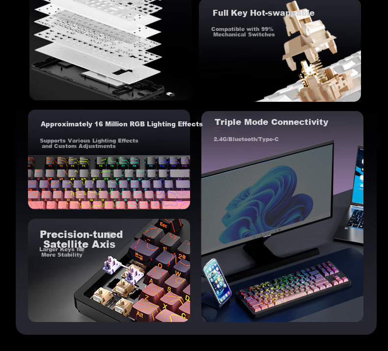 DAREU EK87pro Mechanical Keyboard, 87 Keys Wired/wireless/blueTooth Triple-Mode Gaming Keyboard, Customizable Hot-Swappable, Blackberry Red Equal Height Lines, Peach C Latte Switches 3
