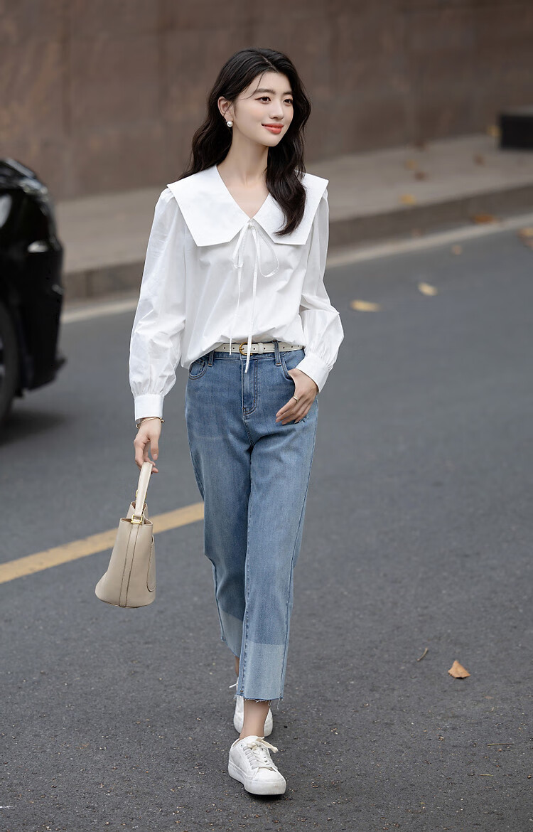 Dme [Will Breathe Cotton] Spring And Autumn Japanese Artistic Turndown Collar Tie-Up Shirt with Puff Sleeves, Concealing Body, Women's Blouse Top 22
