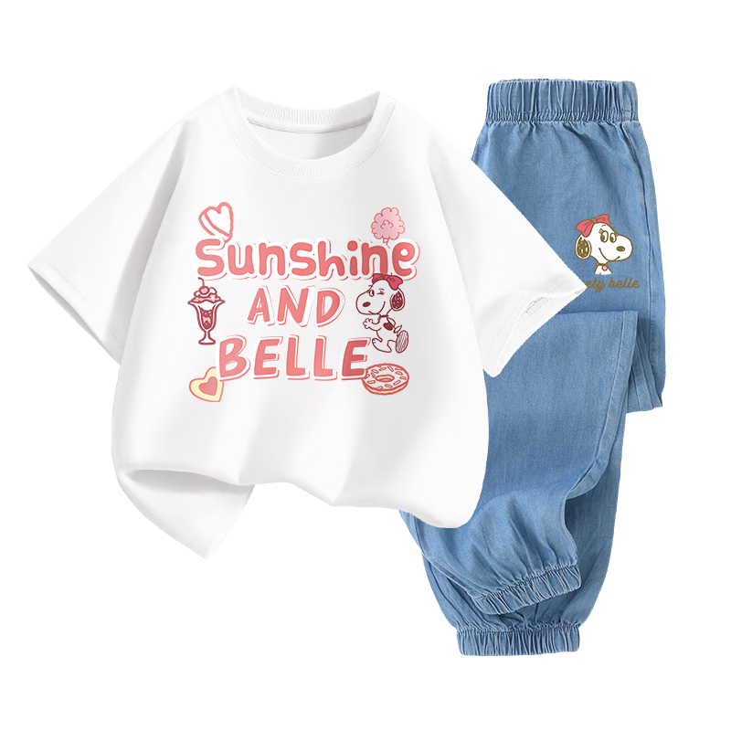 SNOOPY Girls' Short-Sleeve Set, Children's Short-Sleeve T-Shirt And Jeans 2-Piece Set, White Belle + Dark Blue Bell, Size 110