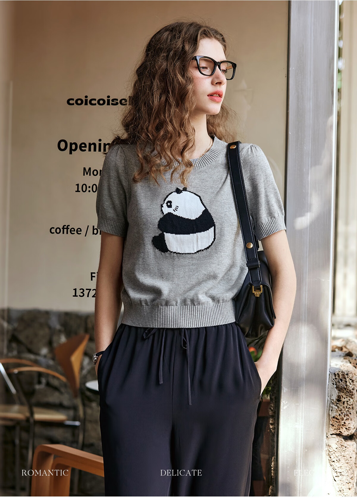 Oulain Elegant Short-Sleeve Knit Top for Women, Spring And Summer Fun Panda Pullover Sweater, Light Gray, L 2