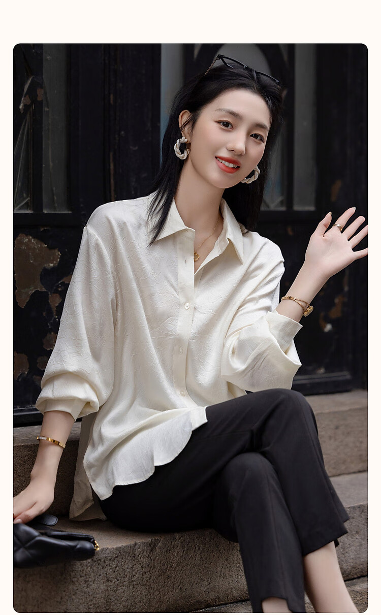 Dme [Four Seasons Wear] Spring Simple Style Commuter Shirt POLO Collar Wrinkled Shiny Texture Blouse Women's Top 2