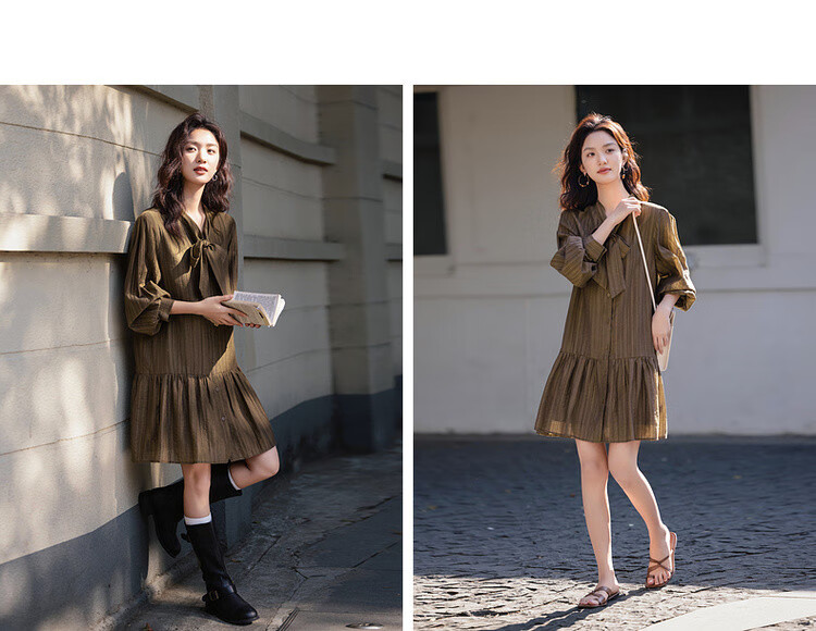 Dme [Moderate Romance] Spring Vintage Style Lyocell Striped Ribbon Button Elegant Midi Dress for Wome 6