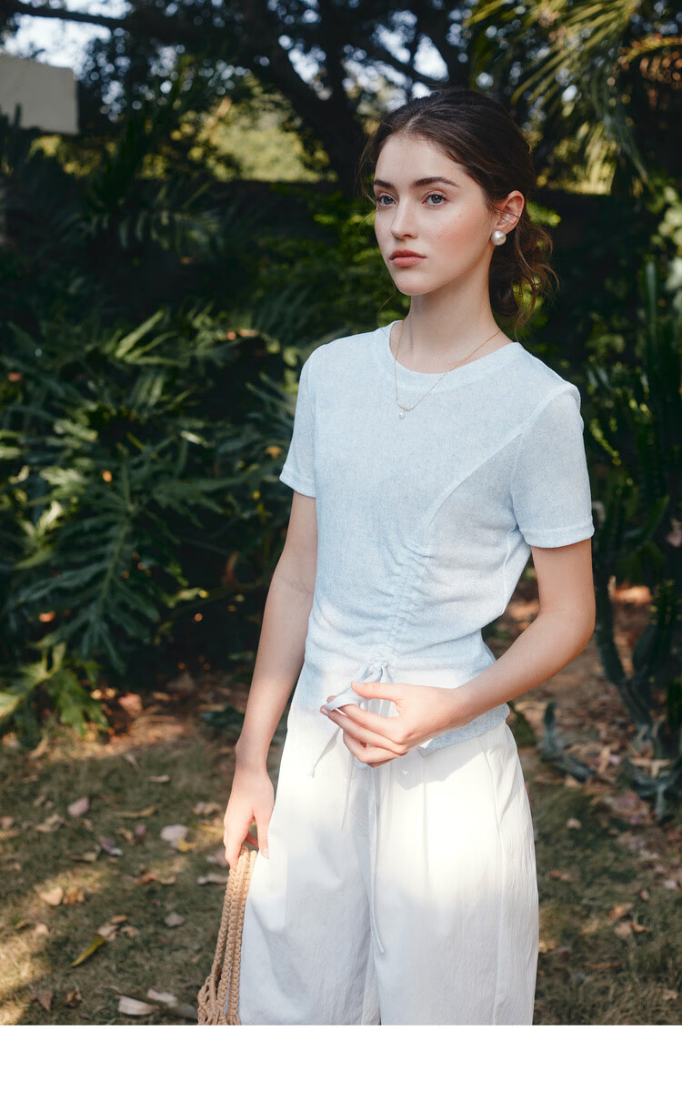 Olrain Oureier Solid Color Irregular Ruched Simple T-Shirt Summer New Waist Ruched Design Top Blue S 10
