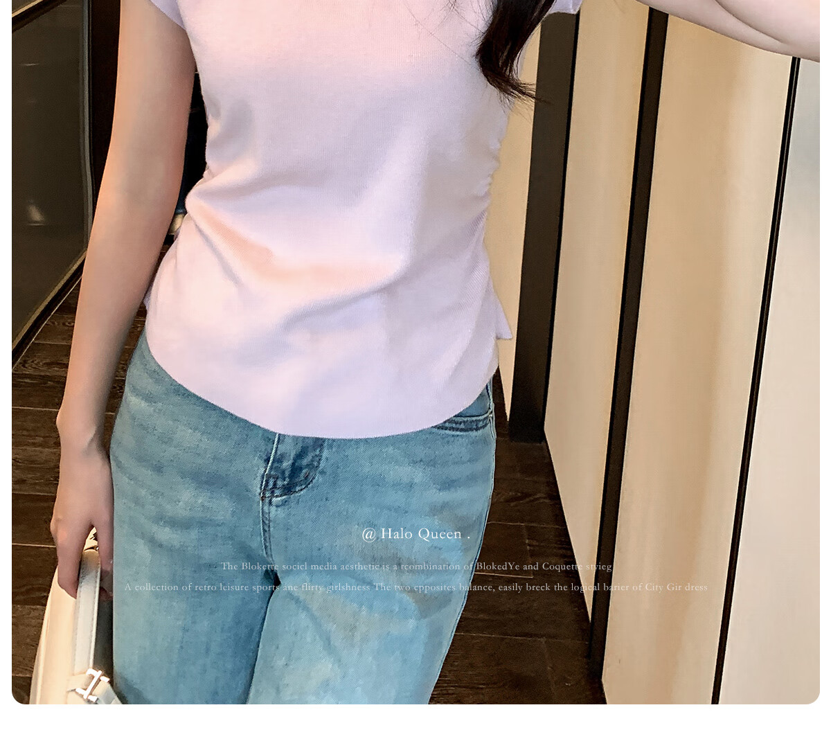 Halo Queen Women's Short Sleeve Knit T-Shirt Slim Fit Cherry Blossom Pink Fitted Waist Crop Top H52T033 3