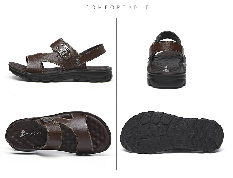MEXICAN Men's First Layer Cowhide Sandals Beach Slip-On Hollow Out Shoes Black Size 44 28