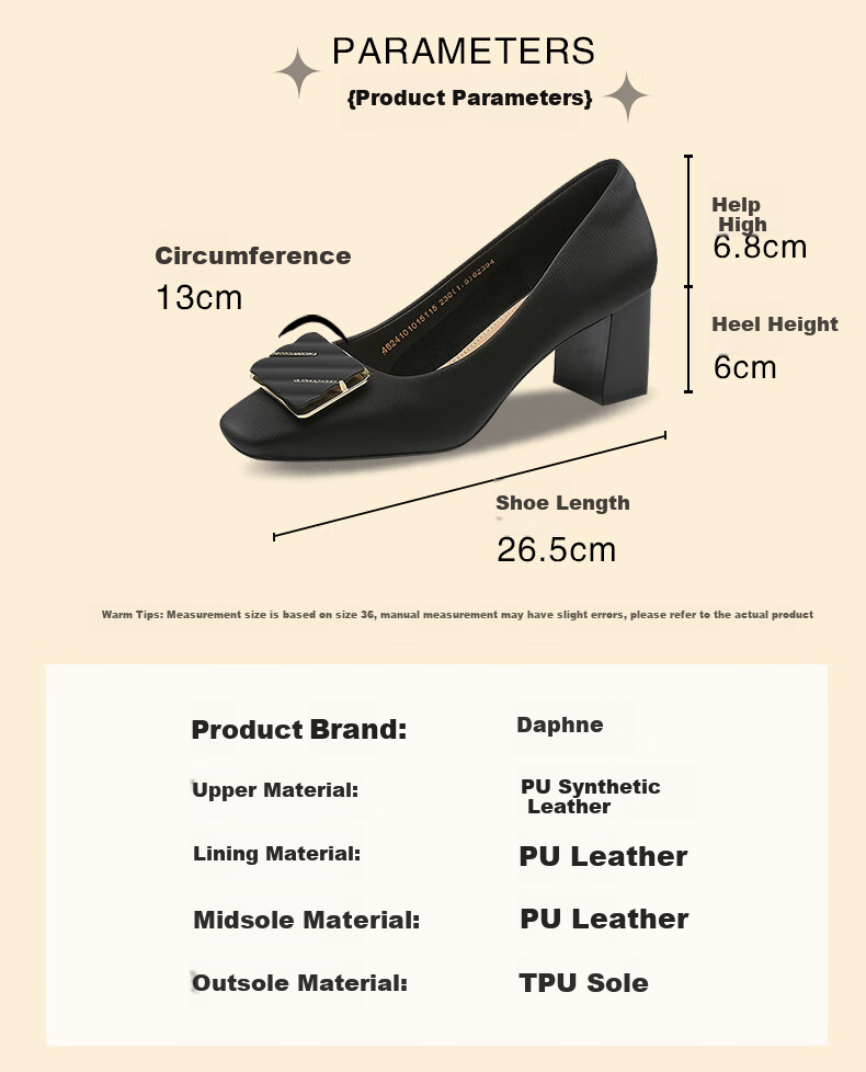 DAPHNE Square Toe Chunky High Heels for Women, Comfortable Shallow Mouth Elegant Fashion Shoes, Height-Increasing Commuter Women's Pumps, Beige, Size 36 2