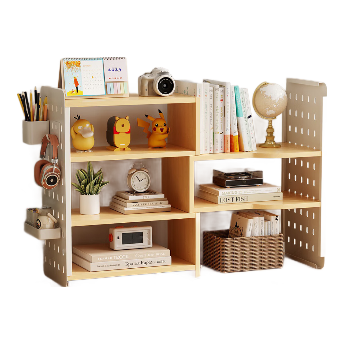 XIAOJIANGCAI Desktop Storage Rack, Pegboard Bookshelf, Multi-Layer Storage Rotating Shelf for Home Use, White Shelf + Natural Wood Color + 10-Piece Set