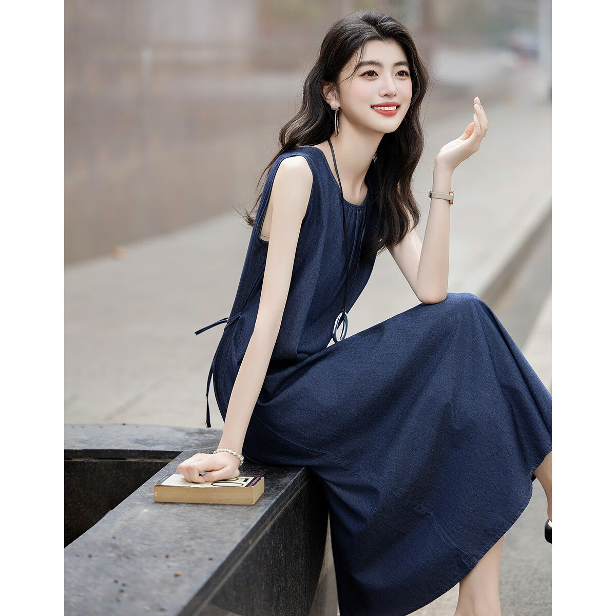 Dme [Pure Cotton Private Chat] Summer Lightweight Bone Structure Pleated Round Neck Denim Doll Dress Sleeveless Tie-Waist Women's Dress