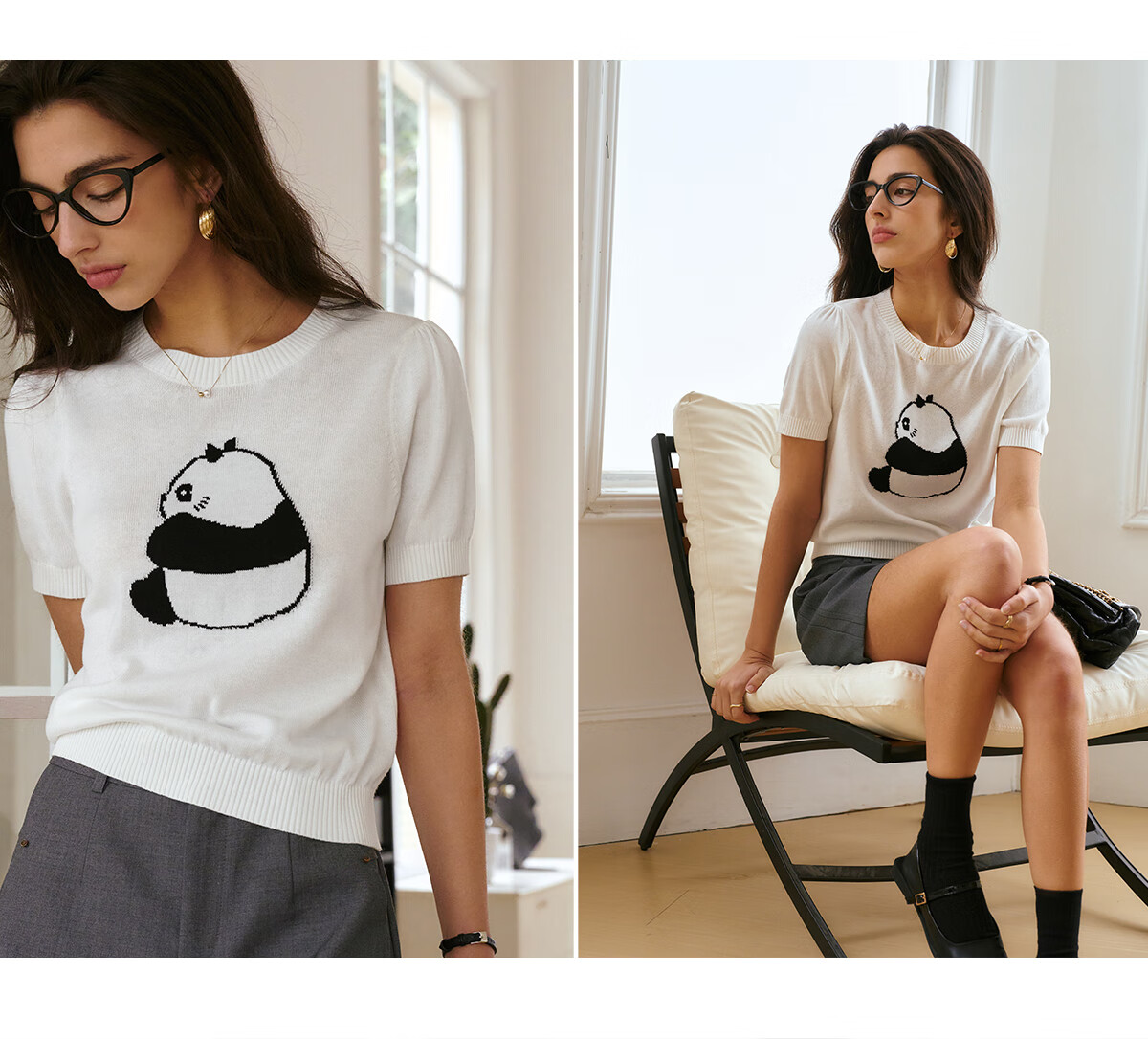 Oulain Elegant Short-Sleeve Knit Top for Women, Spring And Summer Fun Panda Pullover Sweater, Light Gray, L 19