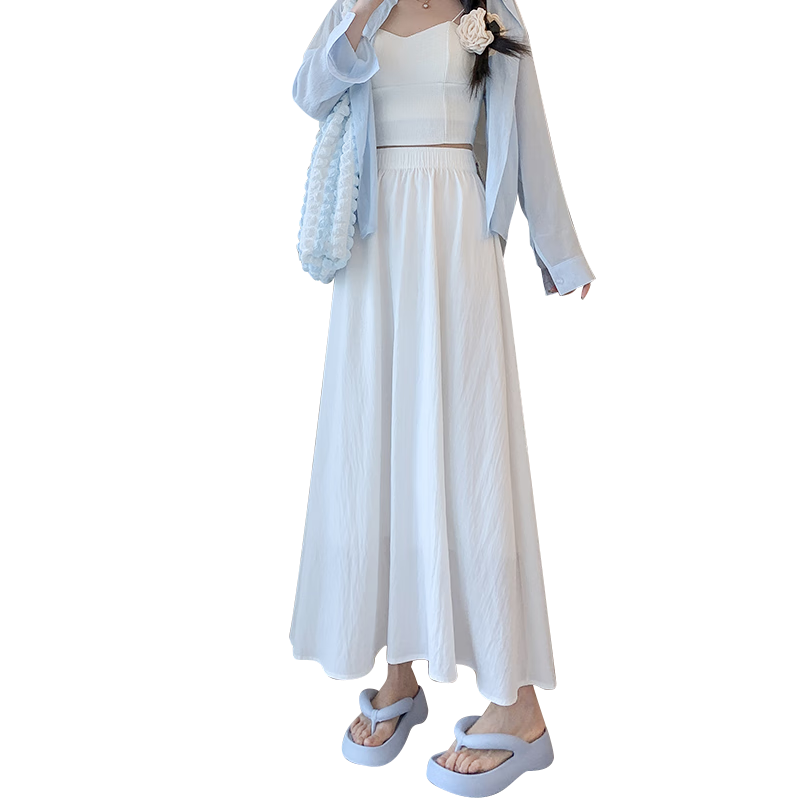 Langsha Women's Summer High-Waist Draped A-Line Skirt Loose Comfortable Elastic Waist Casual Slimming Skirt