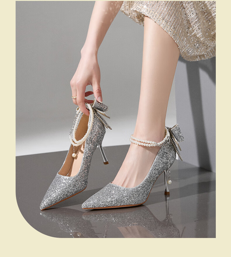 ZHR High Heels for Women, Fairy Crystal Wedding Shoes, Pearl Pointed Toe Shoes, Thin Heel Shallow Mouth Pumps, Suitable for Dresses, IE01 Silver Color, Size 39 18