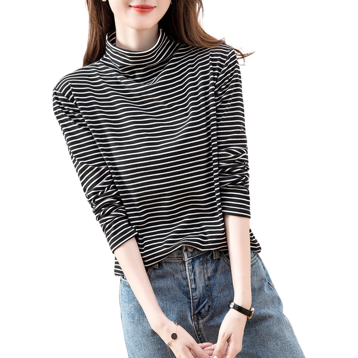 Dme Ultra-Elastic Striped Semi-Turtleneck Comfortable Striped Base Shirt Women's Top Inner Layer Base Shirt Women's Black S