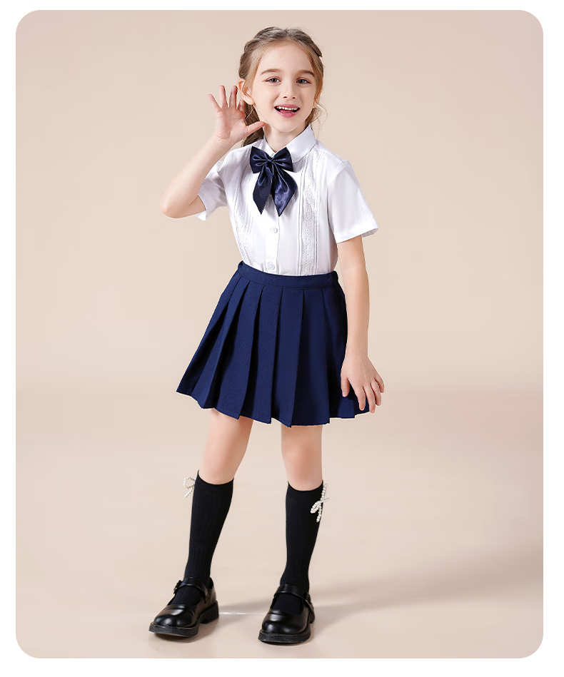 Luomeng Girls' Short-Sleeve Lace Trim White Shirt, School Uniform, Student Performance Costume, Children's Half-Sleeve Blouse, White, Size 170 9