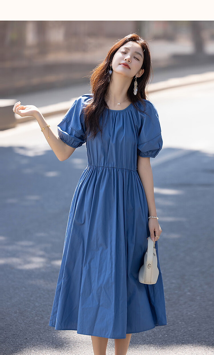 Demana [Klein Blue] Summer French Style Pure Cotton Gathered Loose Waist Puff Sleeve A-line Mid-length Women's Dress 24