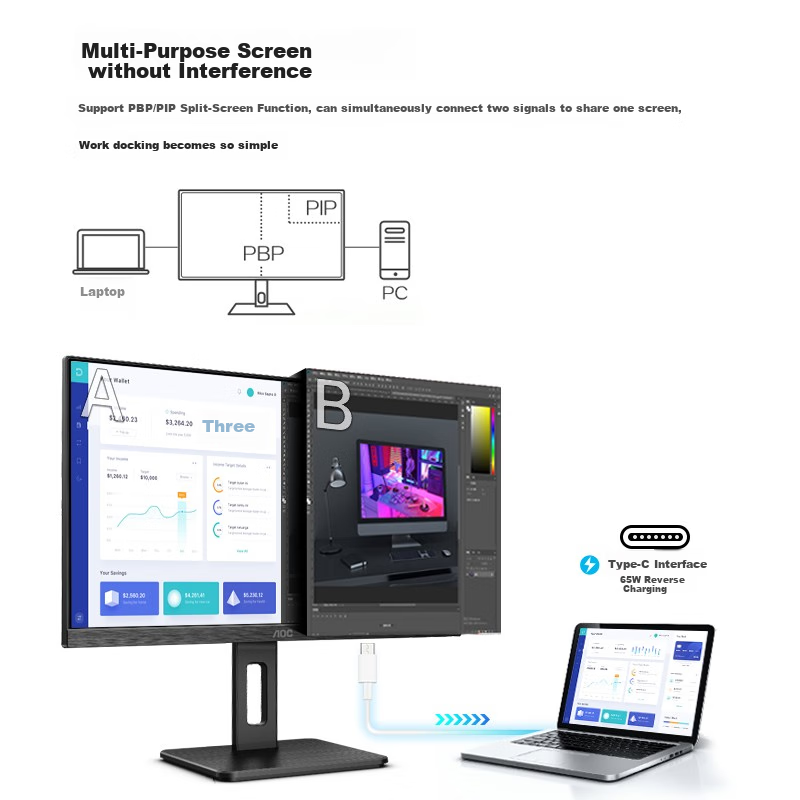 AOC Monitor, 27-Inch 4K Ultra HD IPS, Type-C Port, Rotatable And Height-Adjustable, Low Blue Light, Flicker-Free, Energy-Saving, for Home And Office Design Use, U27P2C