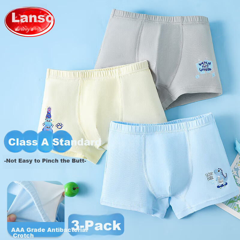 LangSha Children's Underwear, Boys' Class A Antibacterial Boxer Briefs, Boys' Shorts, Solid Color Cartoon, for Older Children, 3 Pairs, Size 130