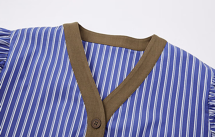 Dme [Straight to the Sky], Autumn Design V-Neck Striped Cotton Shirt, Patchwork Flutter Sleeves, Loose Blouse, Women's Top 8