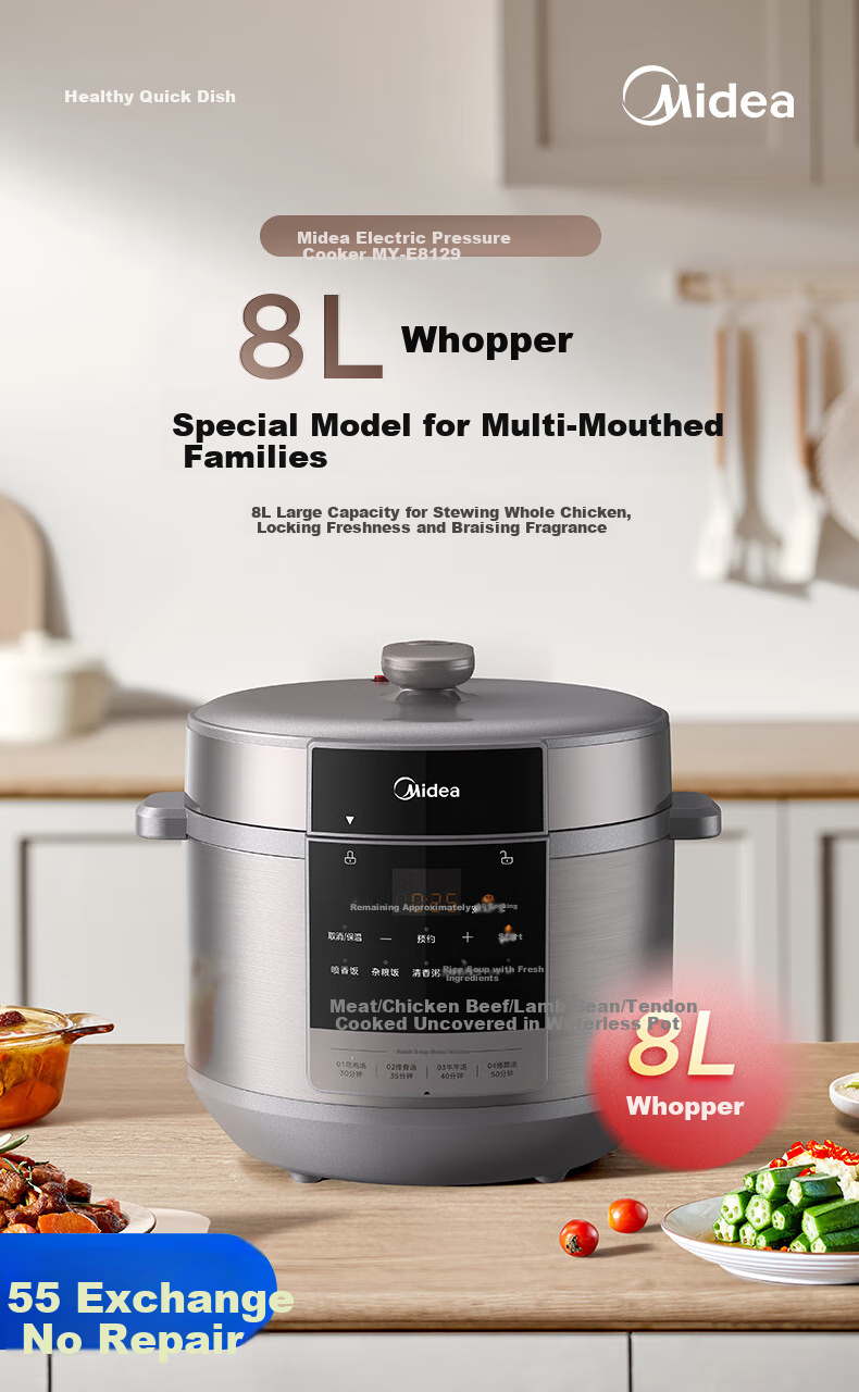 Midea Electric Pressure Cooker, 8L Large Capacity, 1200W High Power, 10 Functions with Menu Lock, Fresh And Fragrant Cooking Technology, 24H Intelligent Reservation, MY-E8129 1