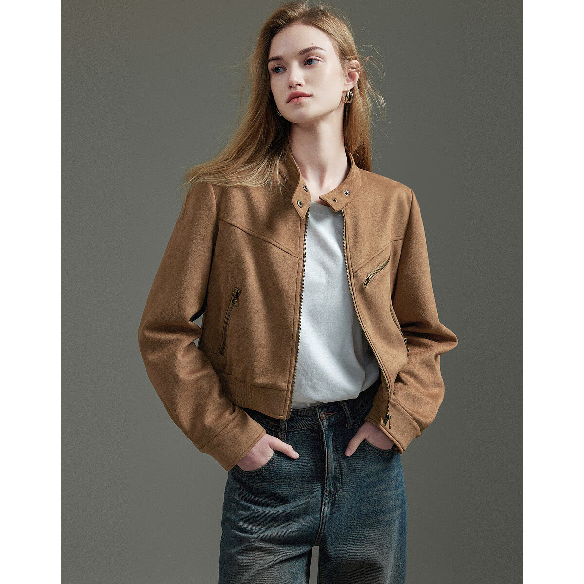 Dme [Wake Up Wild] Autumn Motorcycle Style Stand Collar Faux Suede with Split Line Elastic Hem Jacket for Women, Short Style