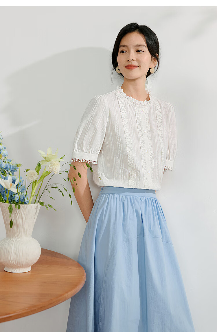 Inman Lotus Leaf Collar Hollow Embroidered Pure Cotton Shirt 2025 Summer Women's Vacation Style Puff Sleeve Blouse Pearl White M 34