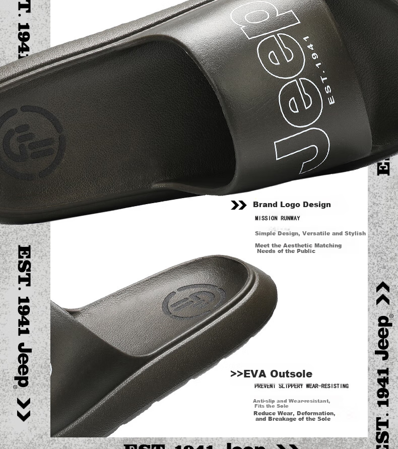 Jeep Casual Slippers for Couples, Trendy Indoor/outdoor Wear, Comfortable Non-Slip Beach Sandals P210MTX048 Black Size 40-41 2